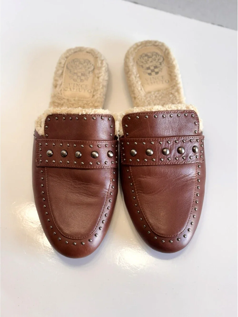 Vince Camuto Alvintal Faux Fur Studded Mules Women's Sz 8M Brown Leather Comfort